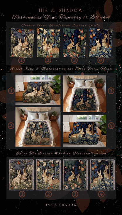 Floral Woven Rabbit Blanket | Botanical Folk Art Blanket Woven Tapestry William Morris Throw Woodland Goth Decor Cottagecore Aesthetic Decor