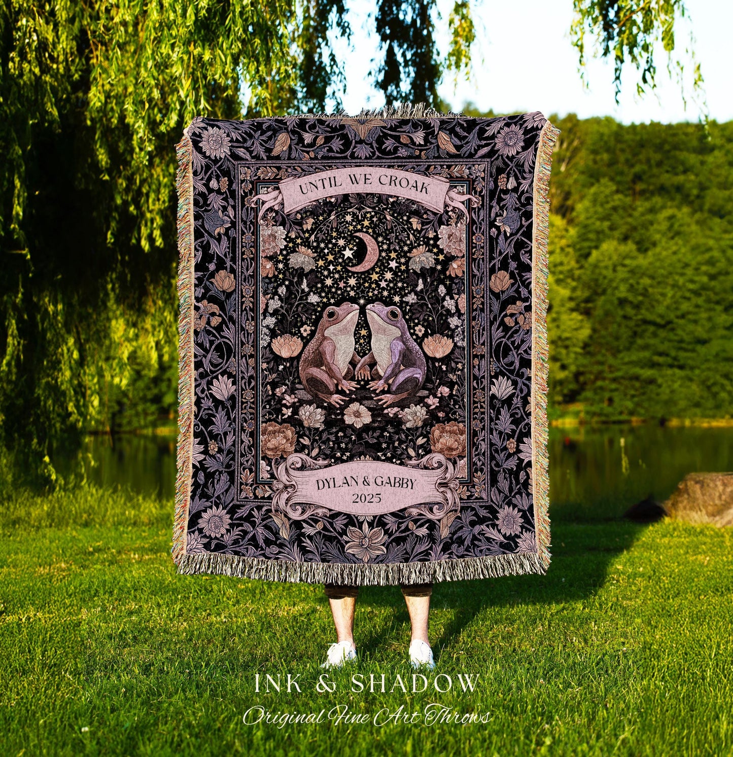 Soft Fairycore Frog Couple Custom Throw | Purple Whimsical Personalized Anniversary Cottagecore Aesthetic Until We Croak Wedding Blanket |