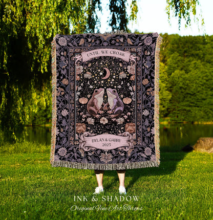Soft Fairycore Frog Couple Custom Throw | Purple Whimsical Personalized Anniversary Cottagecore Aesthetic Until We Croak Wedding Blanket |