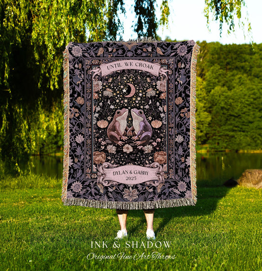 Soft Fairycore Frog Couple Custom Throw | Purple Whimsical Personalized Anniversary Cottagecore Aesthetic Until We Croak Wedding Blanket |