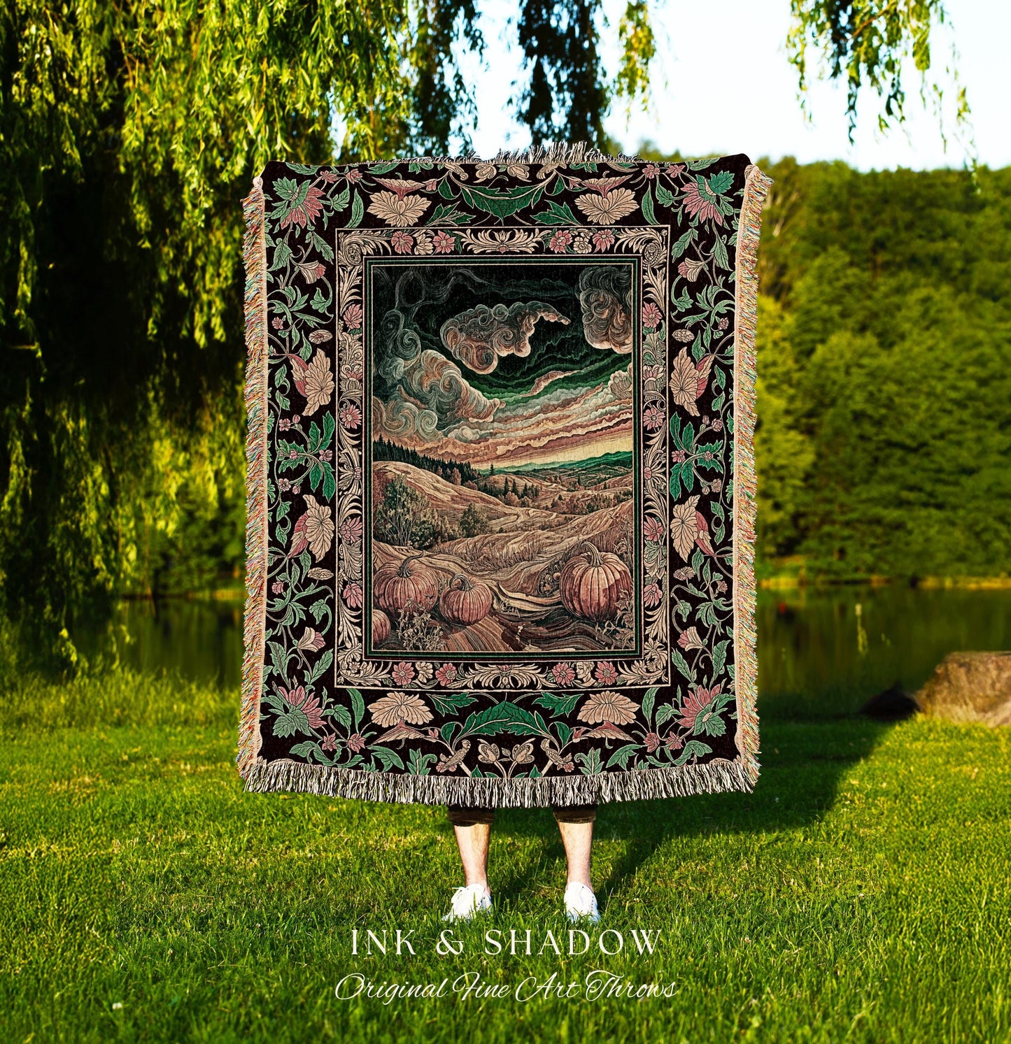 Baroque Autumn Landscape Ornate Tapestry | Whimsigothic Woven Throw Blanket Rustic Pumpkin Patch Decor Dark Academia Spooky Season Vintage |