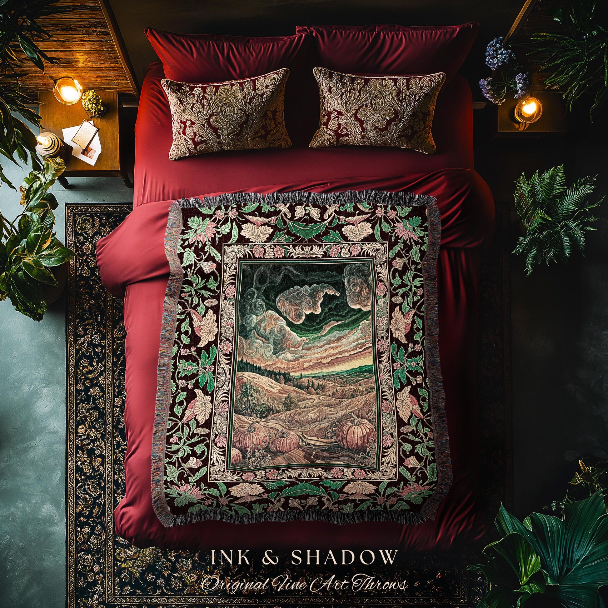 Baroque Autumn Landscape Ornate Tapestry | Whimsigothic Woven Throw Blanket Rustic Pumpkin Patch Decor Dark Academia Spooky Season Vintage |