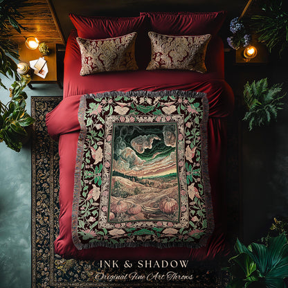 Baroque Autumn Landscape Ornate Tapestry | Whimsigothic Woven Throw Blanket Rustic Pumpkin Patch Decor Dark Academia Spooky Season Vintage |