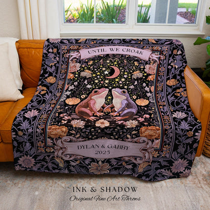 Soft Fairycore Frog Couple Custom Throw | Purple Whimsical Personalized Anniversary Cottagecore Aesthetic Until We Croak Wedding Blanket |