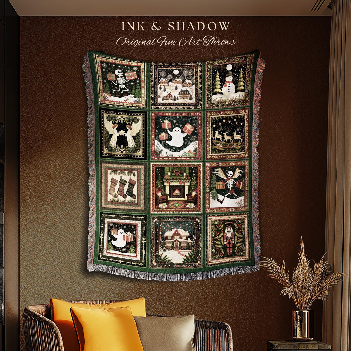 Retro Festive Skeleton Xmas Blanket | Merry Gothmas Christmas Season Cozy Seasonal Holiday Gift Cottagecore Ghost Winter Witchy Skeleton |