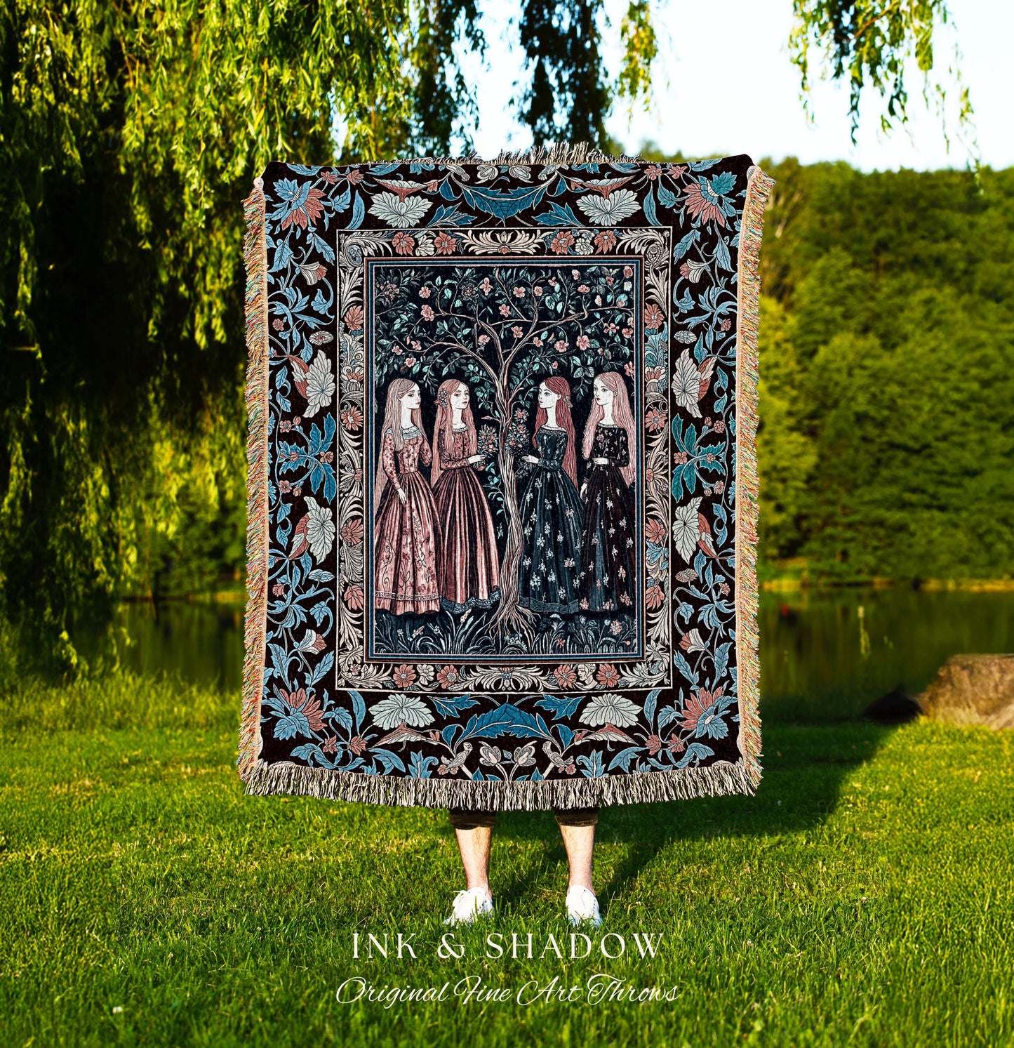 Pastel Fairy Forest Elegant Throw Blanket | Druid Tapestry Medieval Maiden Baroque Aesthetic Magic Decor Celestial Gothic Art Nouveau Decor
