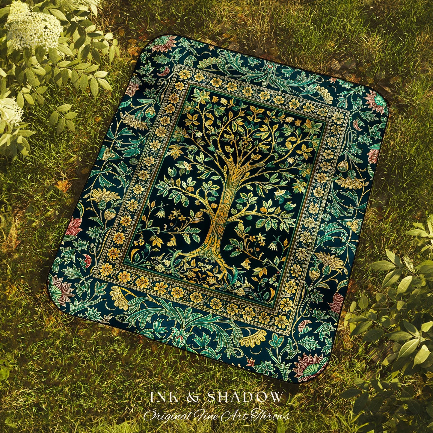 Elegant Cool Toned Tree Throw Blanket Woven Cotton Wall Tapestry