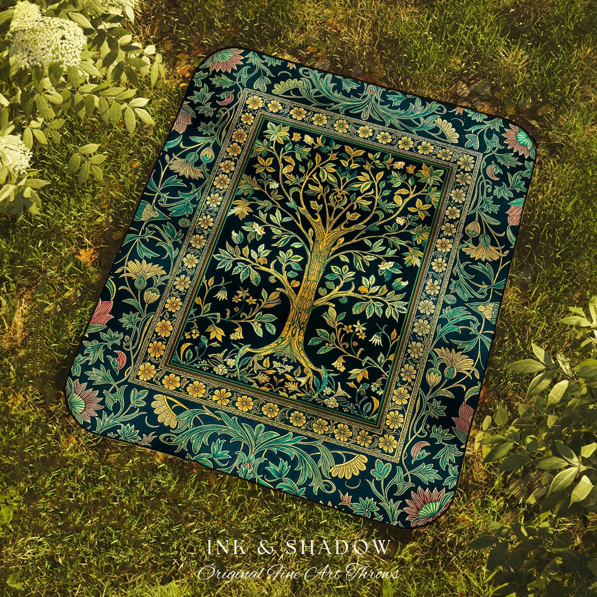 Elegant Cool Toned Tree Throw Blanket Woven Cotton Wall Tapestry
