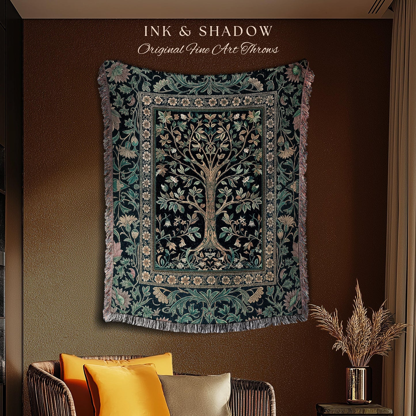 Elegant Cool Toned Tree Throw Blanket Woven Cotton Wall Tapestry