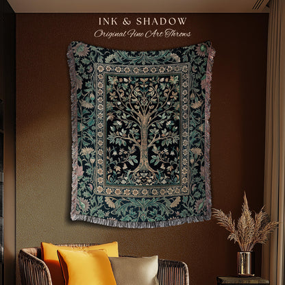 Elegant Cool Toned Tree Throw Blanket Woven Cotton Wall Tapestry