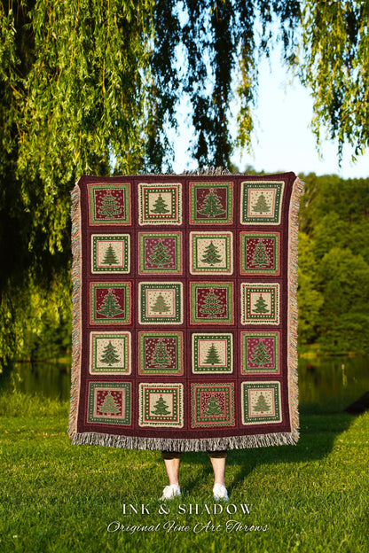 Retro Farmhouse Christmas Tree Blanket Festive Checker Folk Art Tapestry Throw | Classic Cozy Country Cottage Vintage Style Holiday Decor