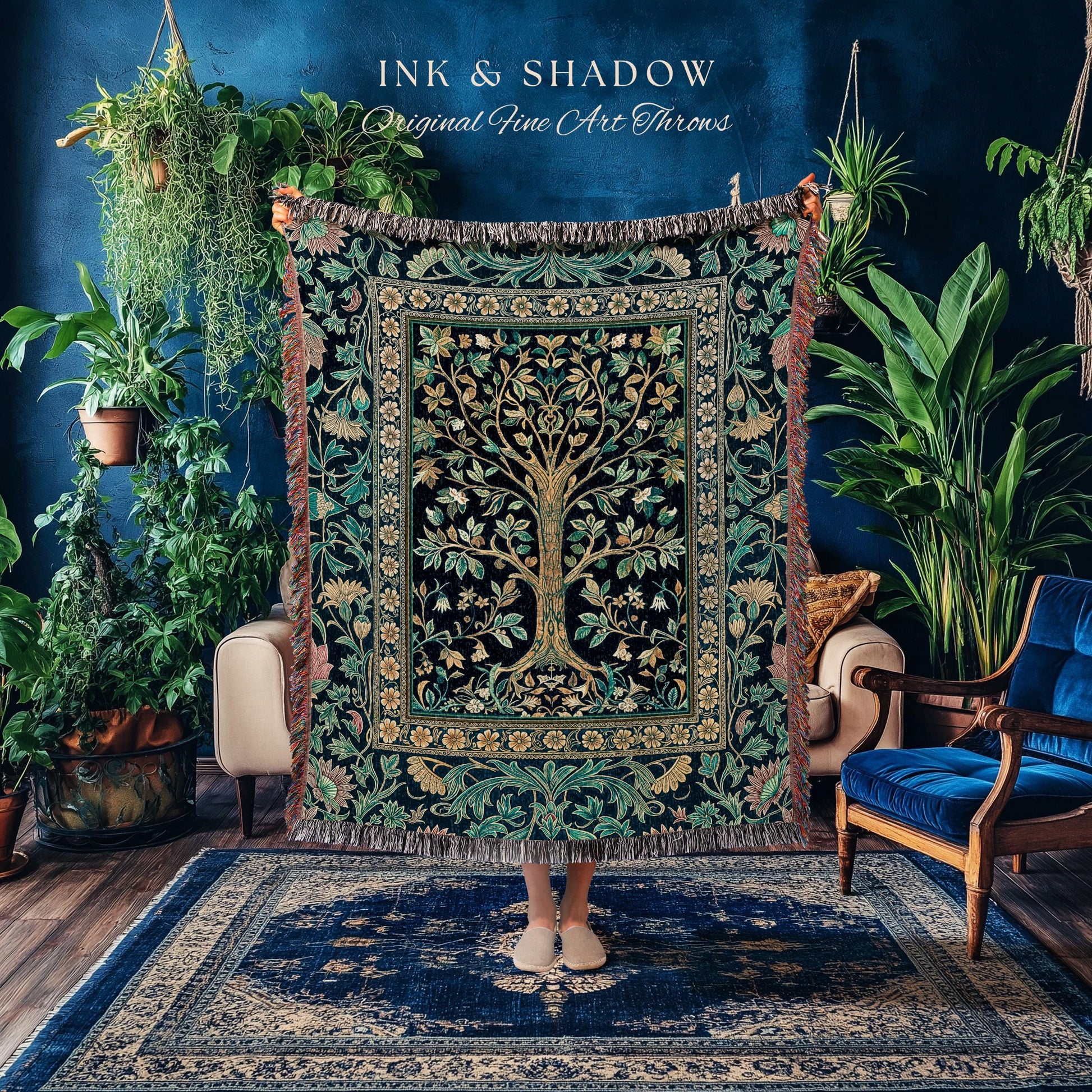 Elegant Cool Toned Tree Throw Blanket Woven Cotton Wall Tapestry