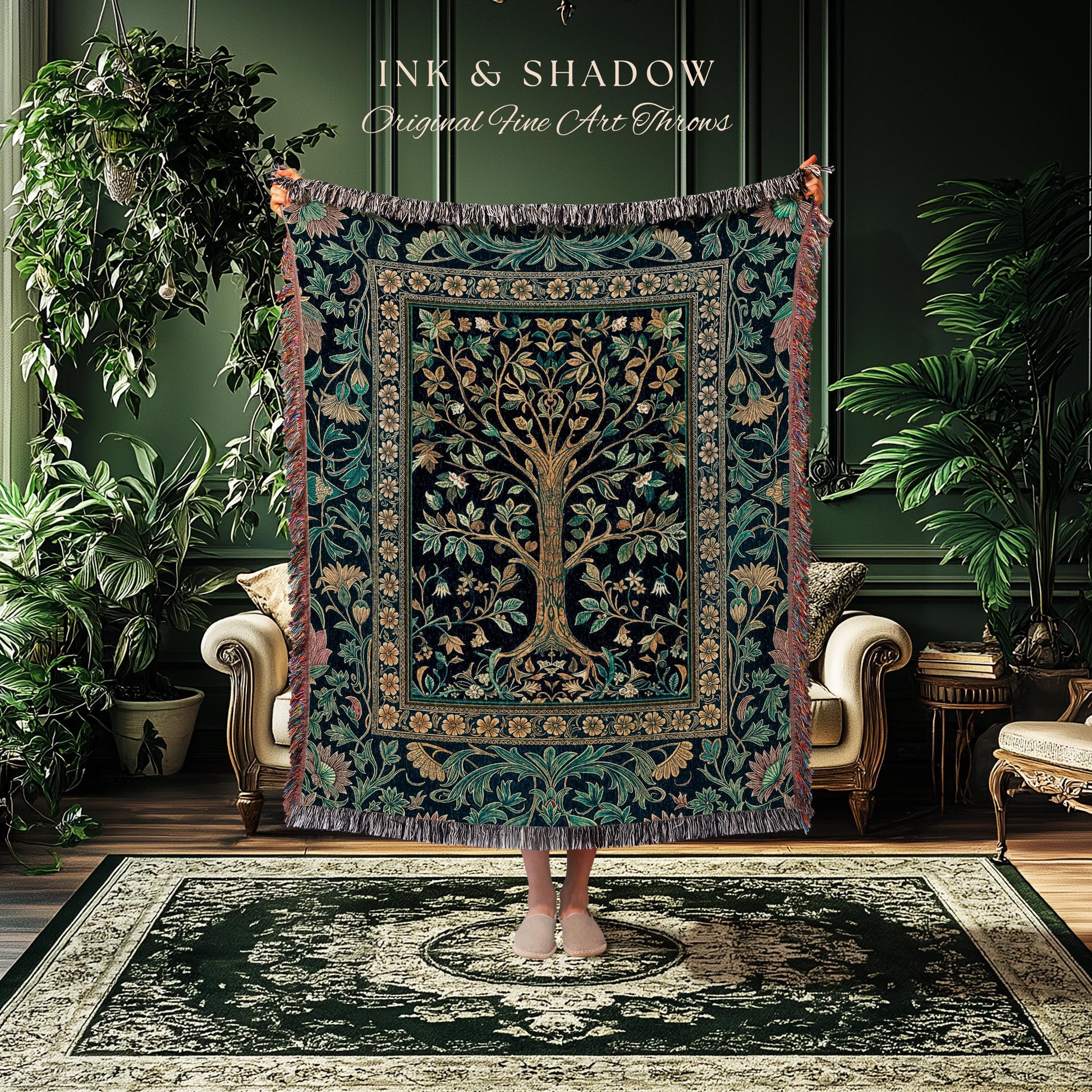 Elegant Cool Toned Tree Throw Blanket Woven Cotton Wall Tapestry