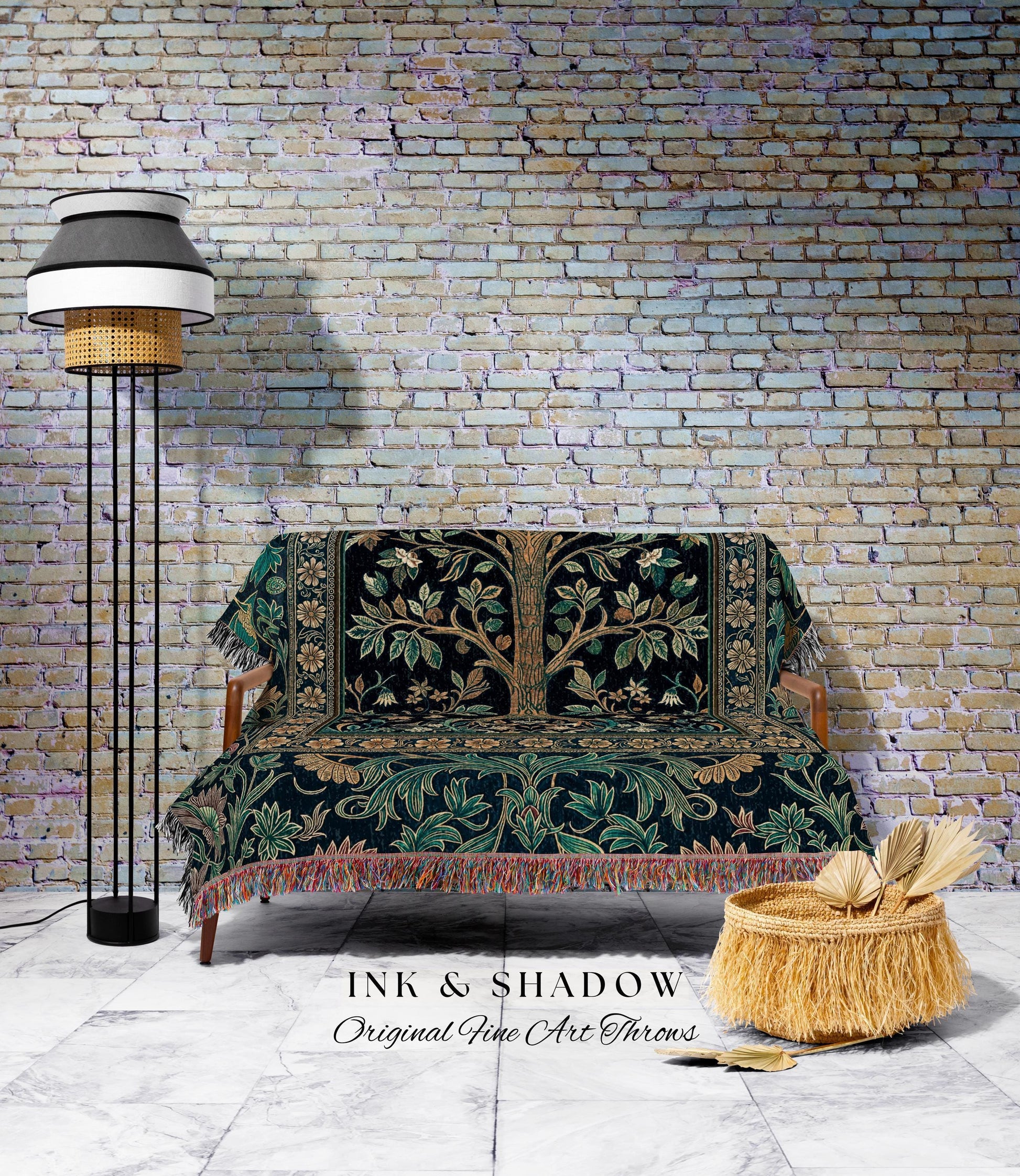 Elegant Cool Toned Tree Throw Blanket Woven Cotton Wall Tapestry