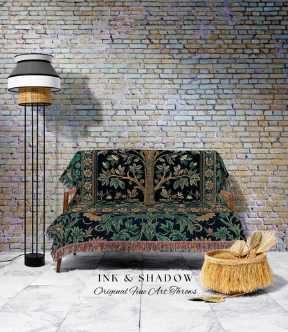 Elegant Cool Toned Tree Throw Blanket Woven Cotton Wall Tapestry