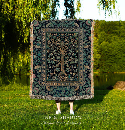 Elegant Cool Toned Tree Throw Blanket Woven Cotton Wall Tapestry