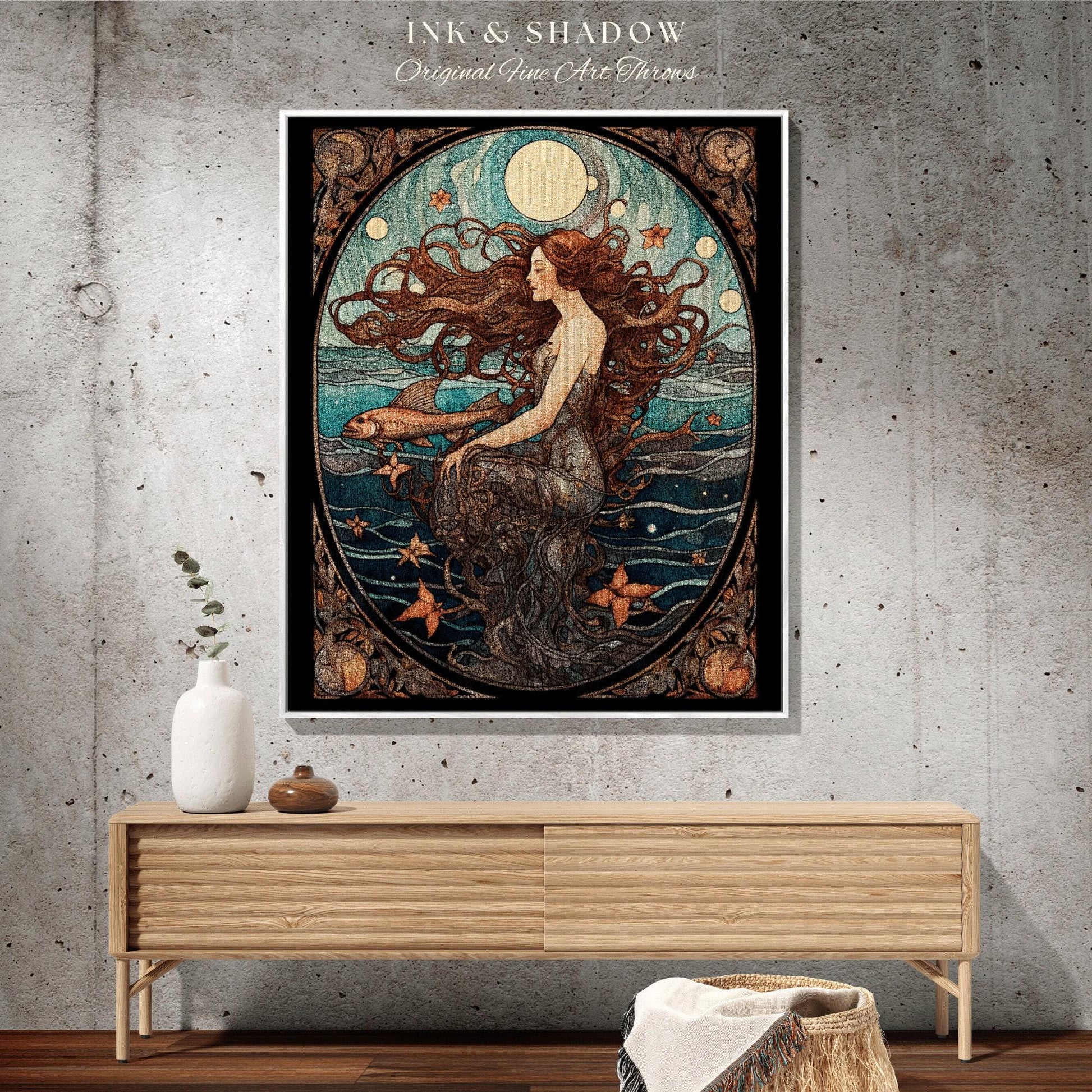 Art Nouveau Tarot Mermaid Tapestry Mermaidcore Wall Art Siren Celestial Decor Throw Blanket Woven | Mermaid Aesthetic Sea Witch Tapestry |