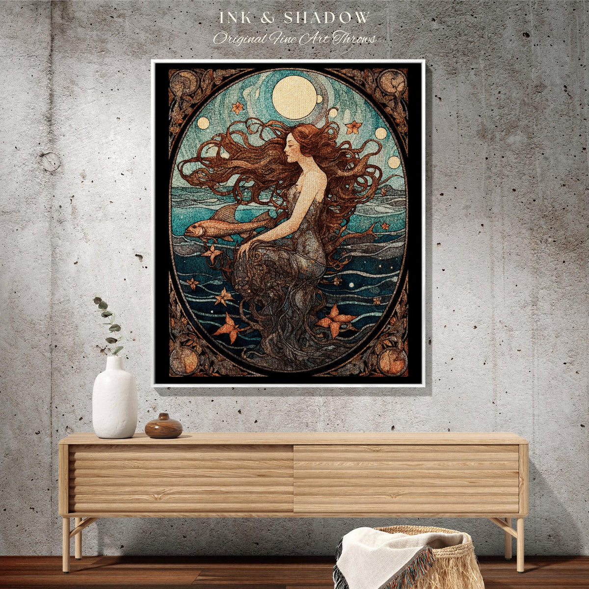 Art Nouveau Tarot Mermaid Tapestry Mermaidcore Wall Art Siren Celestial Decor Throw Blanket Woven | Mermaid Aesthetic Sea Witch Tapestry |