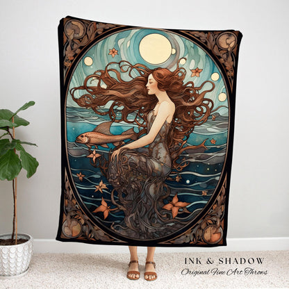 Art Nouveau Tarot Mermaid Tapestry Mermaidcore Wall Art Siren Celestial Decor Throw Blanket Woven | Mermaid Aesthetic Sea Witch Tapestry |