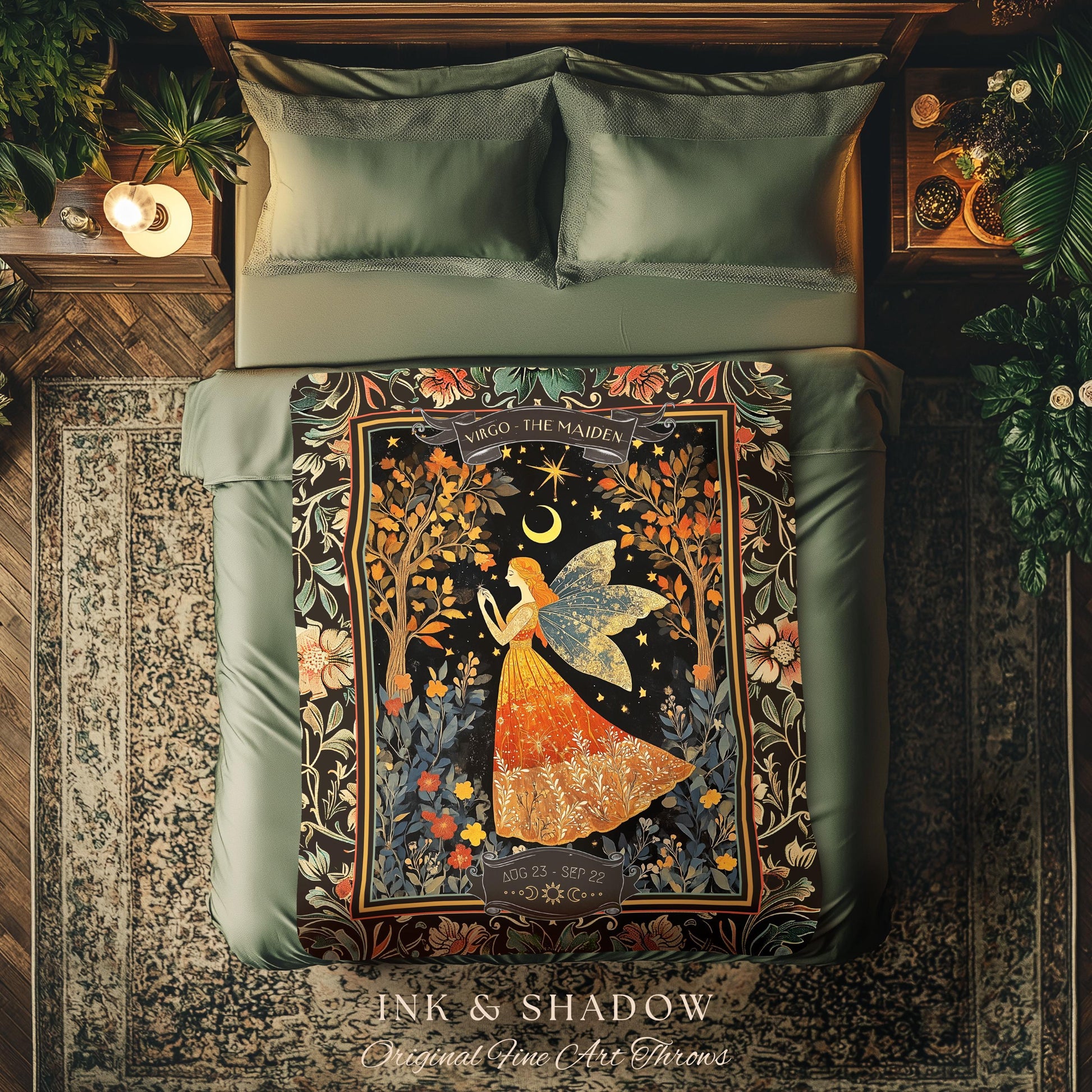 Folklore Virgo Zodiac Blanket Rustic Star Sign Tapestry Throw | Fairycore Art Astrology Gift The Maiden Birth Month Woodland Fairytale Decor