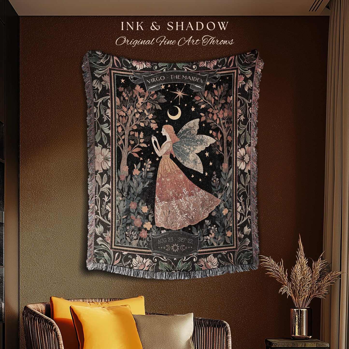 Folklore Virgo Zodiac Blanket Rustic Star Sign Tapestry Throw | Fairycore Art Astrology Gift The Maiden Birth Month Woodland Fairytale Decor