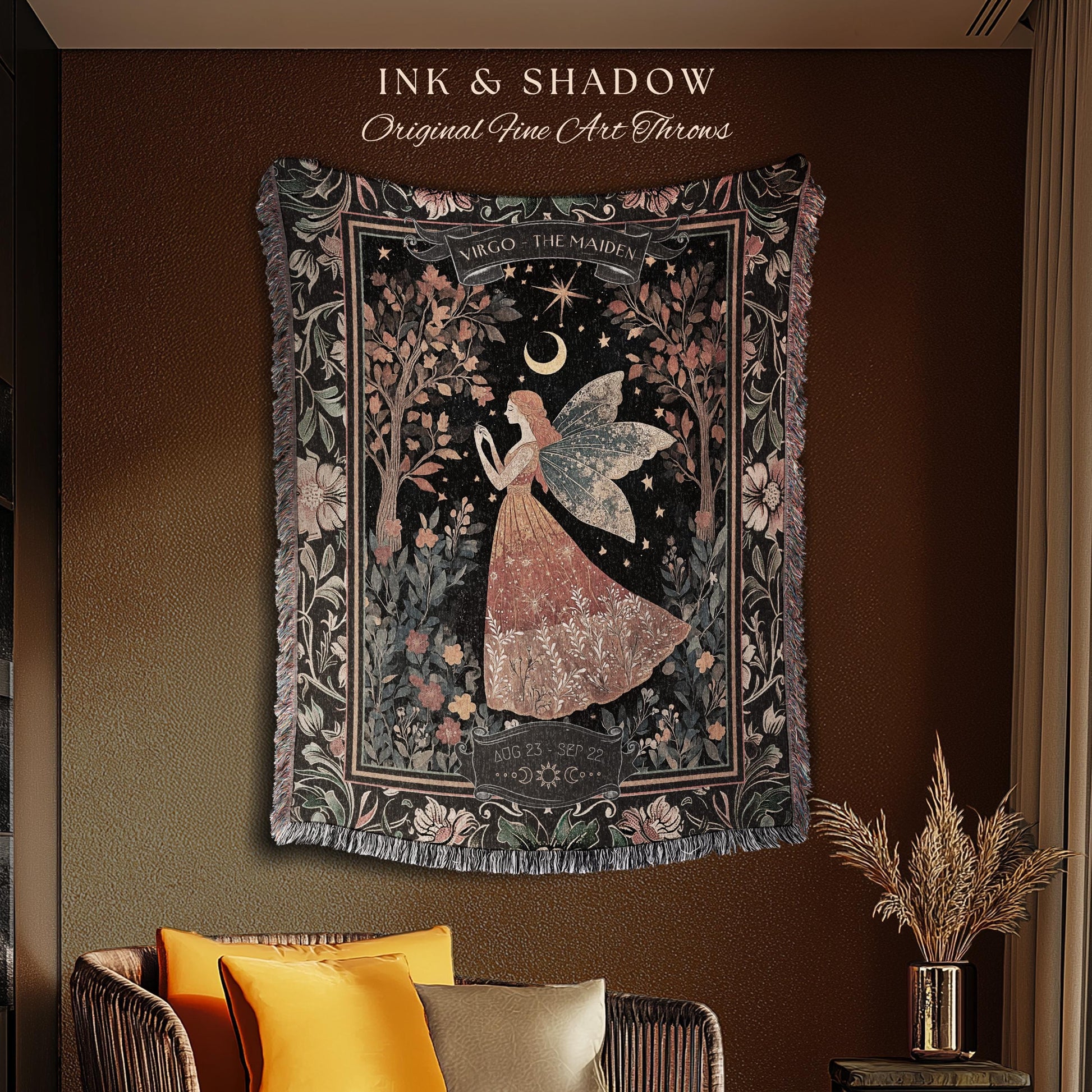 Folklore Virgo Zodiac Blanket Rustic Star Sign Tapestry Throw | Fairycore Art Astrology Gift The Maiden Birth Month Woodland Fairytale Decor