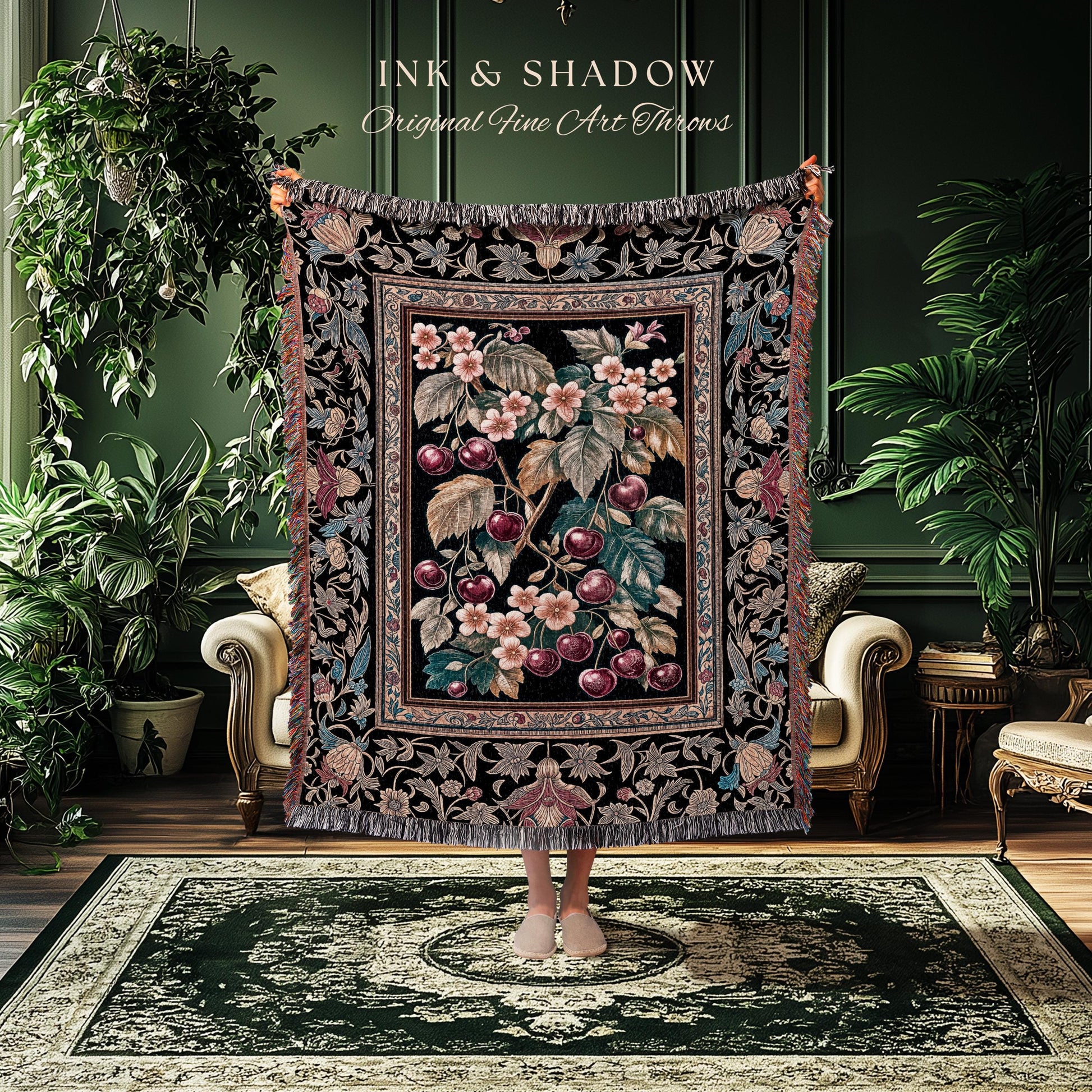 Dark Romantic Cherry Blossom Throw Blanket | Vintage Botanical Gothic Floral Design Moody Garden Accent Baroque Cottagecore Woven Tapestry |