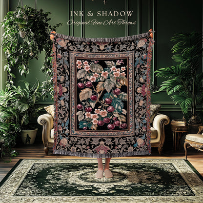 Dark Romantic Cherry Blossom Throw Blanket | Vintage Botanical Gothic Floral Design Moody Garden Accent Baroque Cottagecore Woven Tapestry |