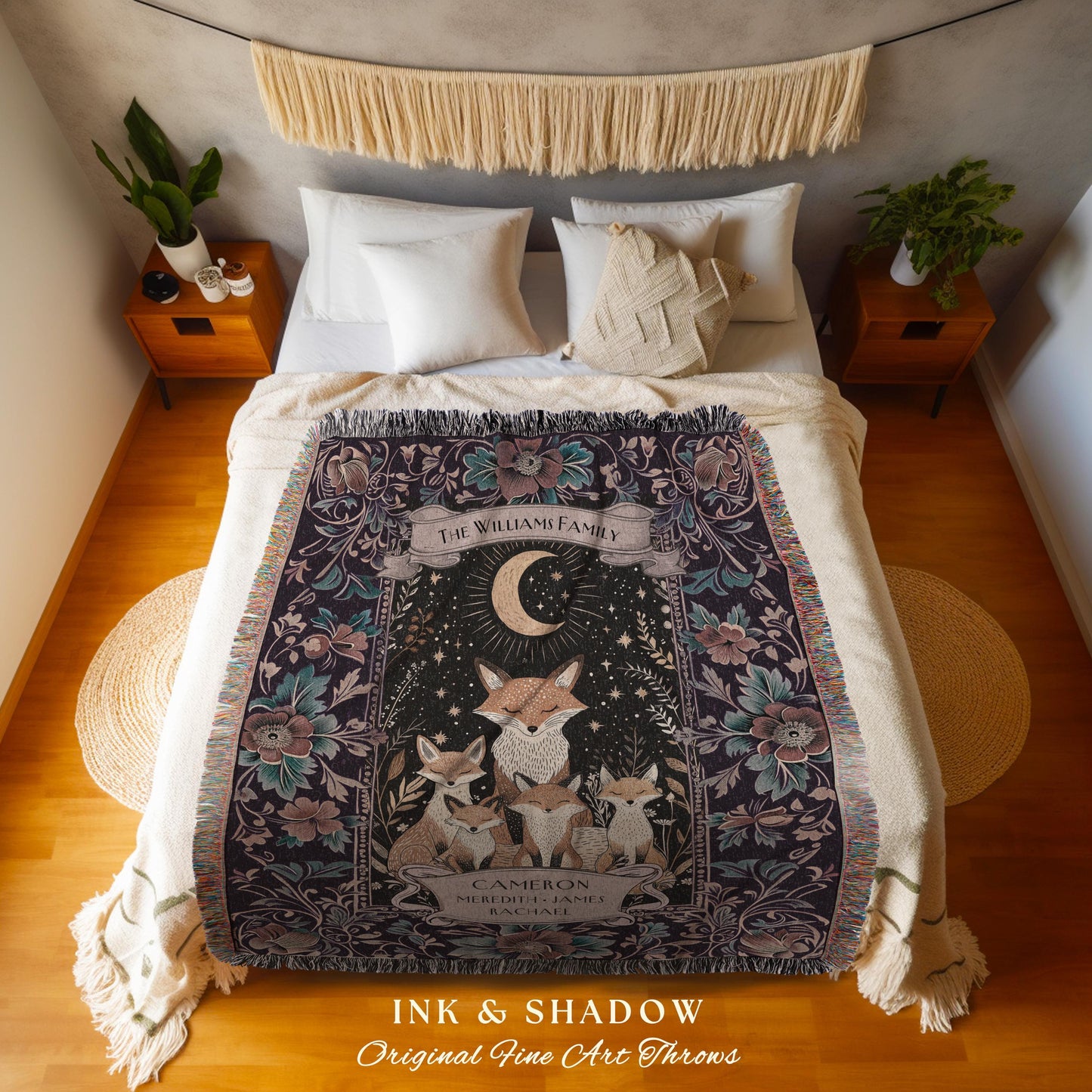 Whimsical Parent Child Keepsake Gift Nostagic Cottagecore Fox Family Blanket, Custom Names Gift from Kids Woodland Celestial Tapestry Throw