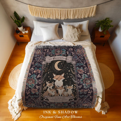 Whimsical Parent Child Keepsake Gift Nostagic Cottagecore Fox Family Blanket, Custom Names Gift from Kids Woodland Celestial Tapestry Throw
