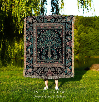 Mystic Ornamental Morris Inspired Tree Woven Throw Blanket Jacquard Tapestry