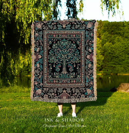 Mystic Ornamental Morris Inspired Tree Woven Throw Blanket Jacquard Tapestry