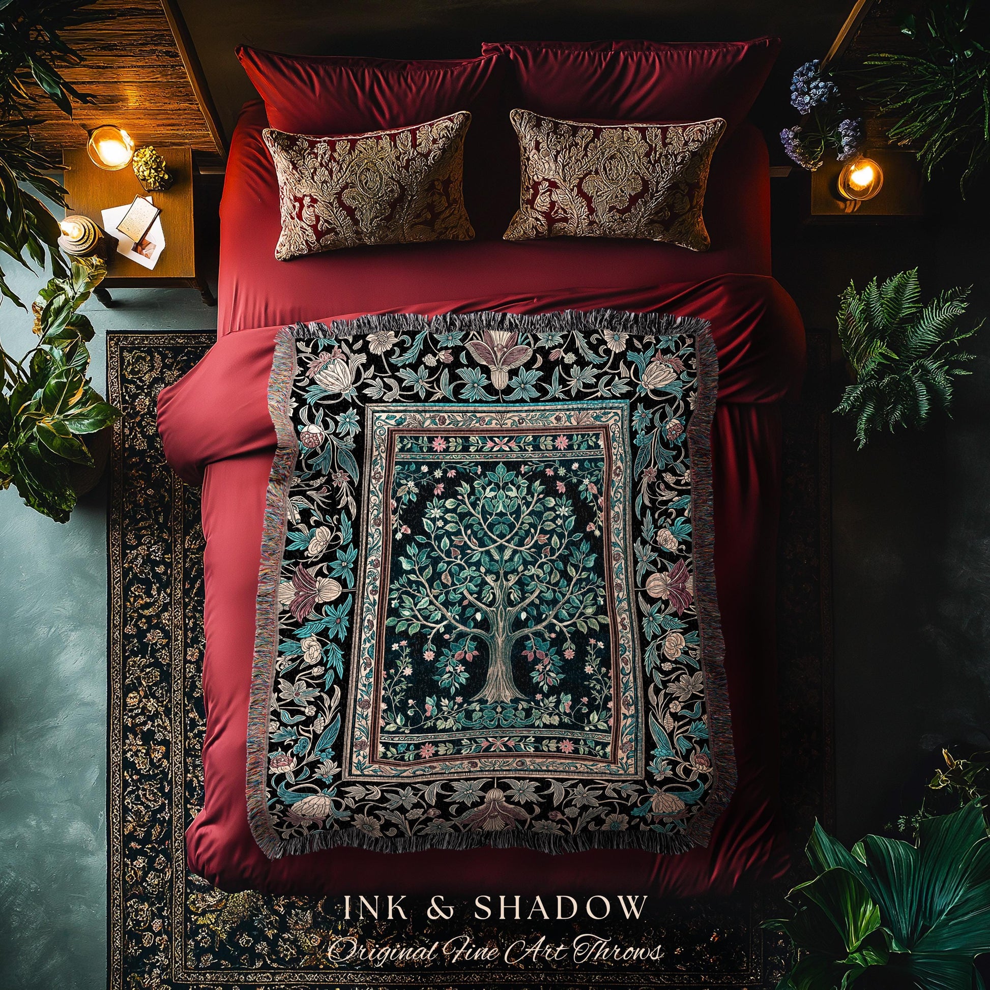 Mystic Ornamental Morris Inspired Tree Woven Throw Blanket Jacquard Tapestry