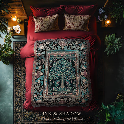 Mystic Ornamental Morris Inspired Tree Woven Throw Blanket Jacquard Tapestry