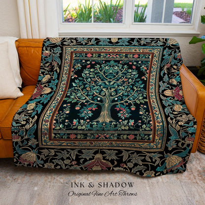 Mystic Ornamental Morris Inspired Tree Woven Throw Blanket Jacquard Tapestry