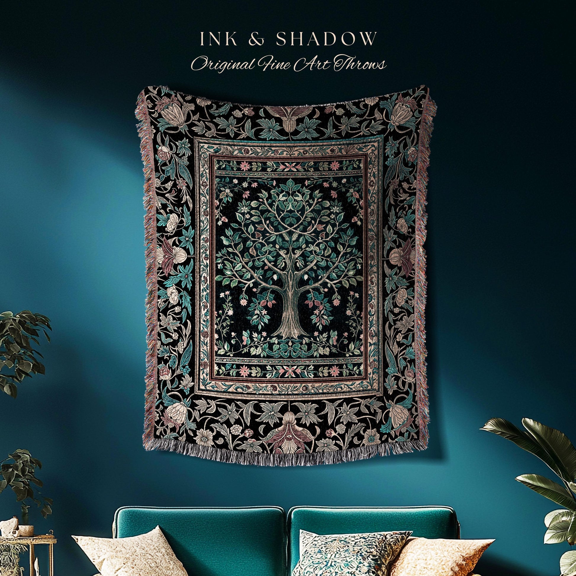 Mystic Ornamental Morris Inspired Tree Woven Throw Blanket Jacquard Tapestry