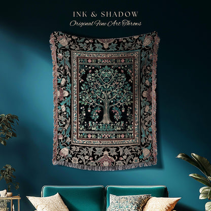 Mystic Ornamental Morris Inspired Tree Woven Throw Blanket Jacquard Tapestry