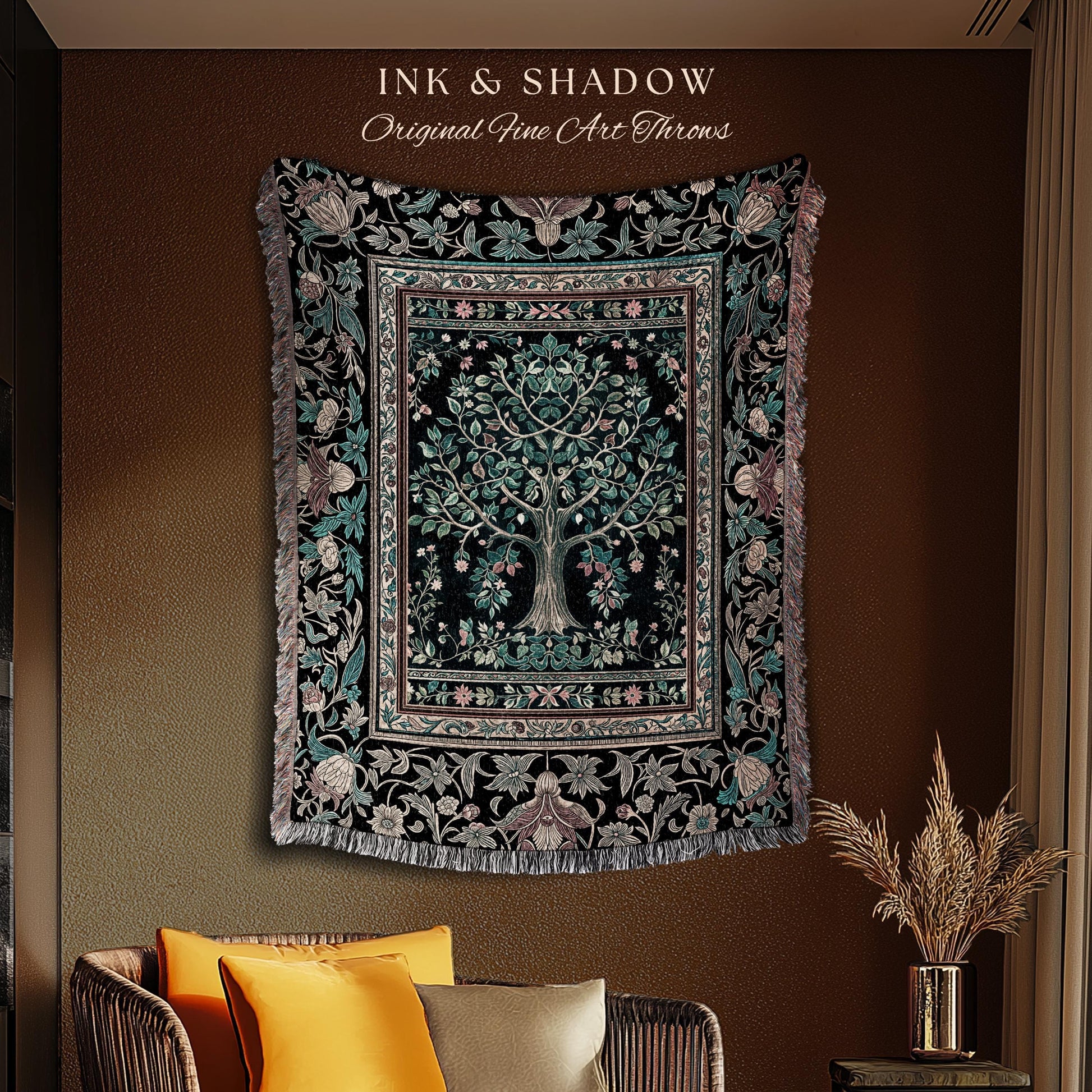 Mystic Ornamental Morris Inspired Tree Woven Throw Blanket Jacquard Tapestry