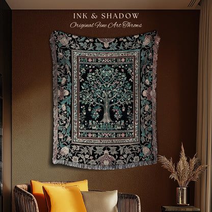 Mystic Ornamental Morris Inspired Tree Woven Throw Blanket Jacquard Tapestry