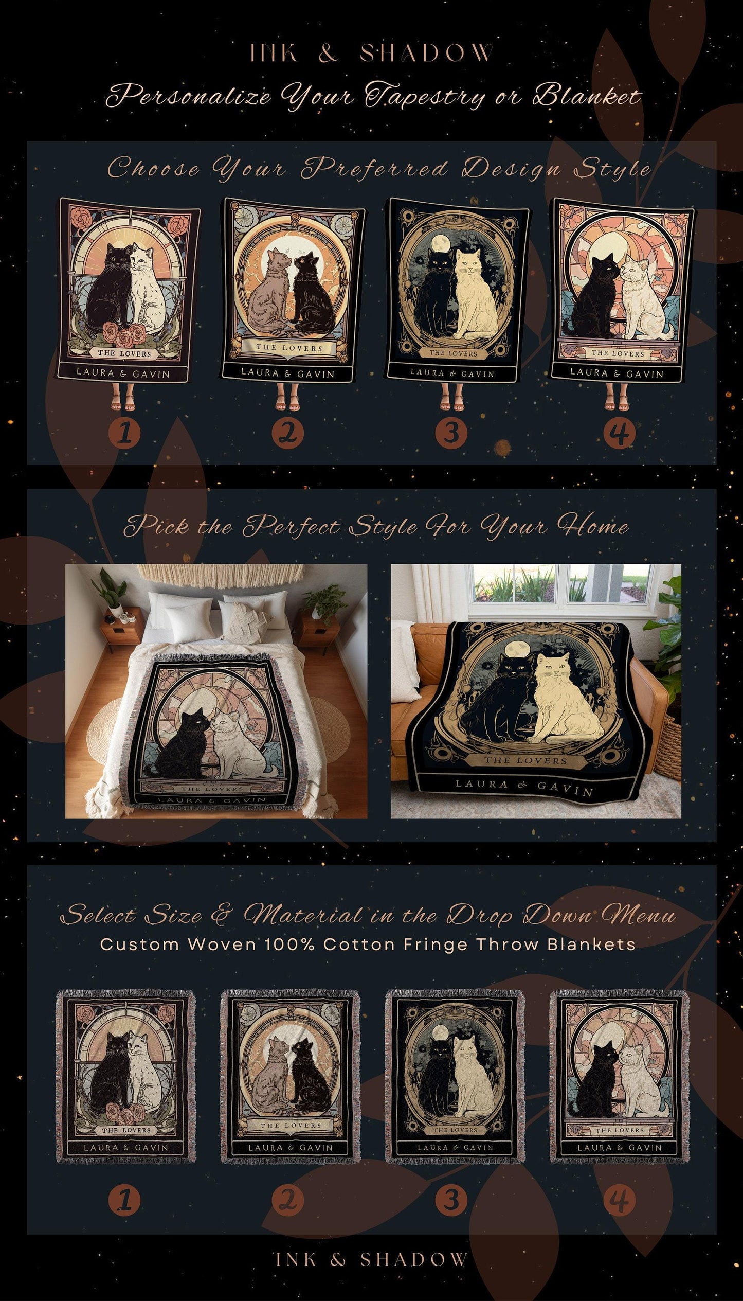 Custom Tarot Cat Tapestry | Cat Couple Tarot Card Blanket Personalized Anniversary Gift | Celestial Art Nouveau Tarot Card Custom Couples |