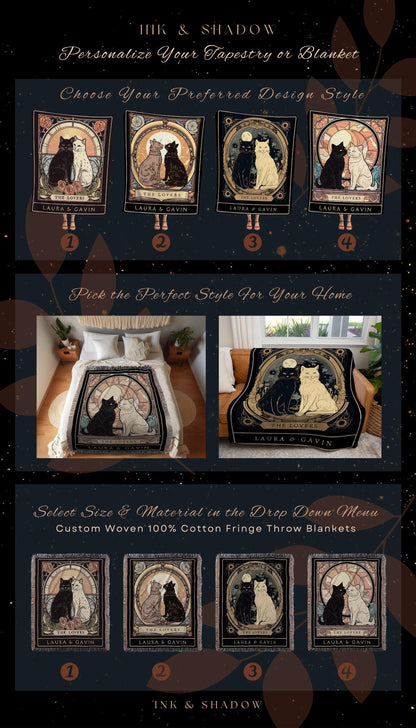 Custom Tarot Cat Tapestry | Cat Couple Tarot Card Blanket Personalized Anniversary Gift | Celestial Art Nouveau Tarot Card Custom Couples |
