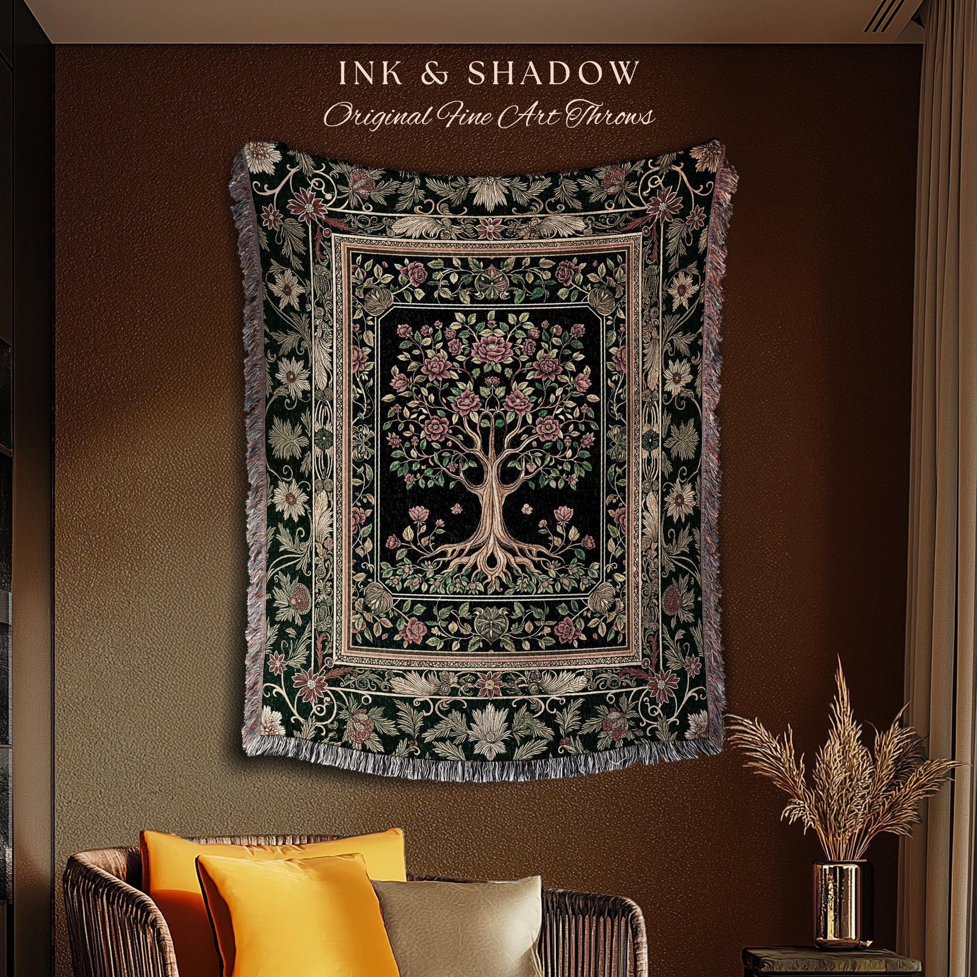 Floral Victorian Garden Tree Tapestry Blanket Jacquard Woven Coverlet