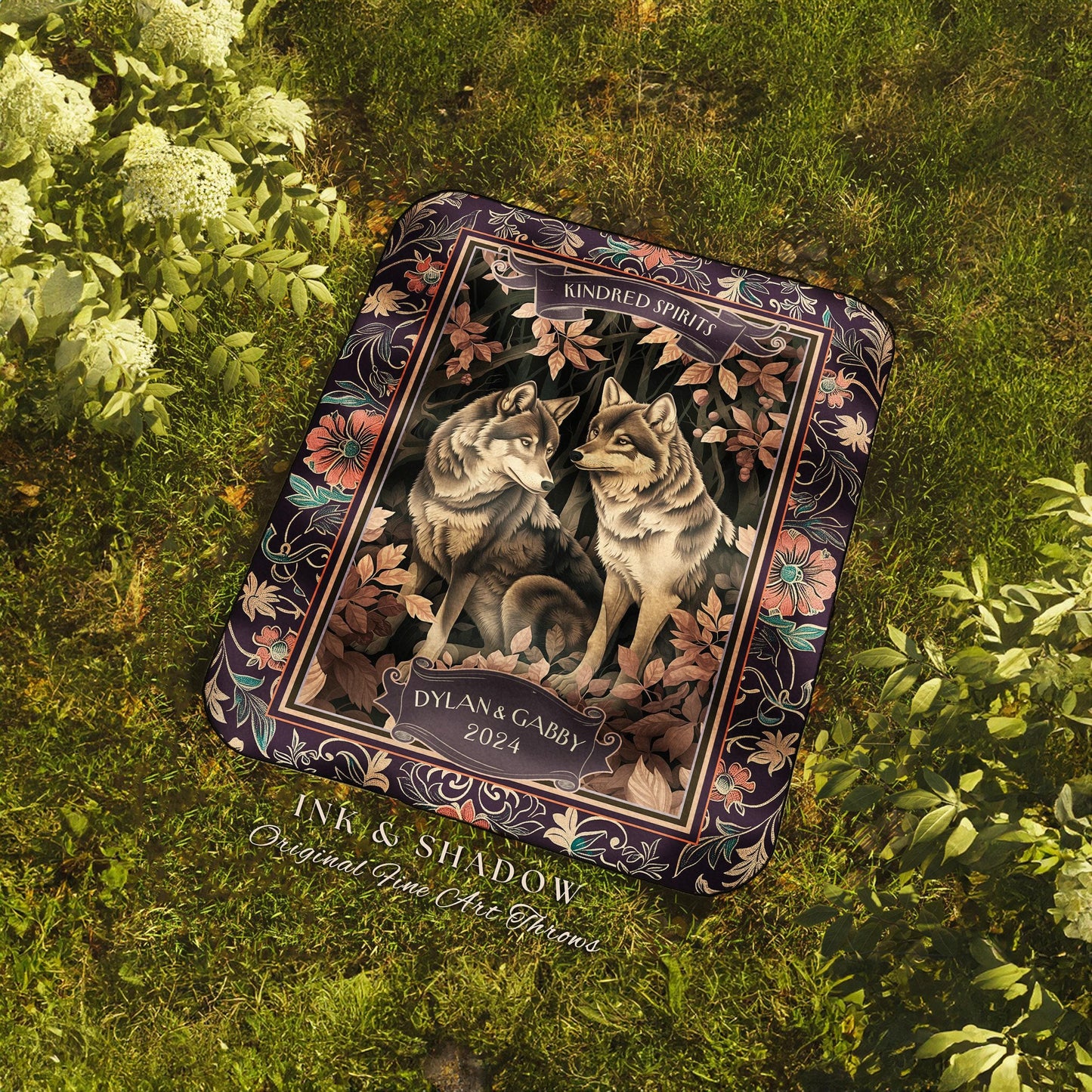 Kindred Spirits Wolf Lovers Anniversary Keepsake Custom Tapestry Throw | Personalized Whimsical Forest Woodland Wedding Woven Throw Wall Art