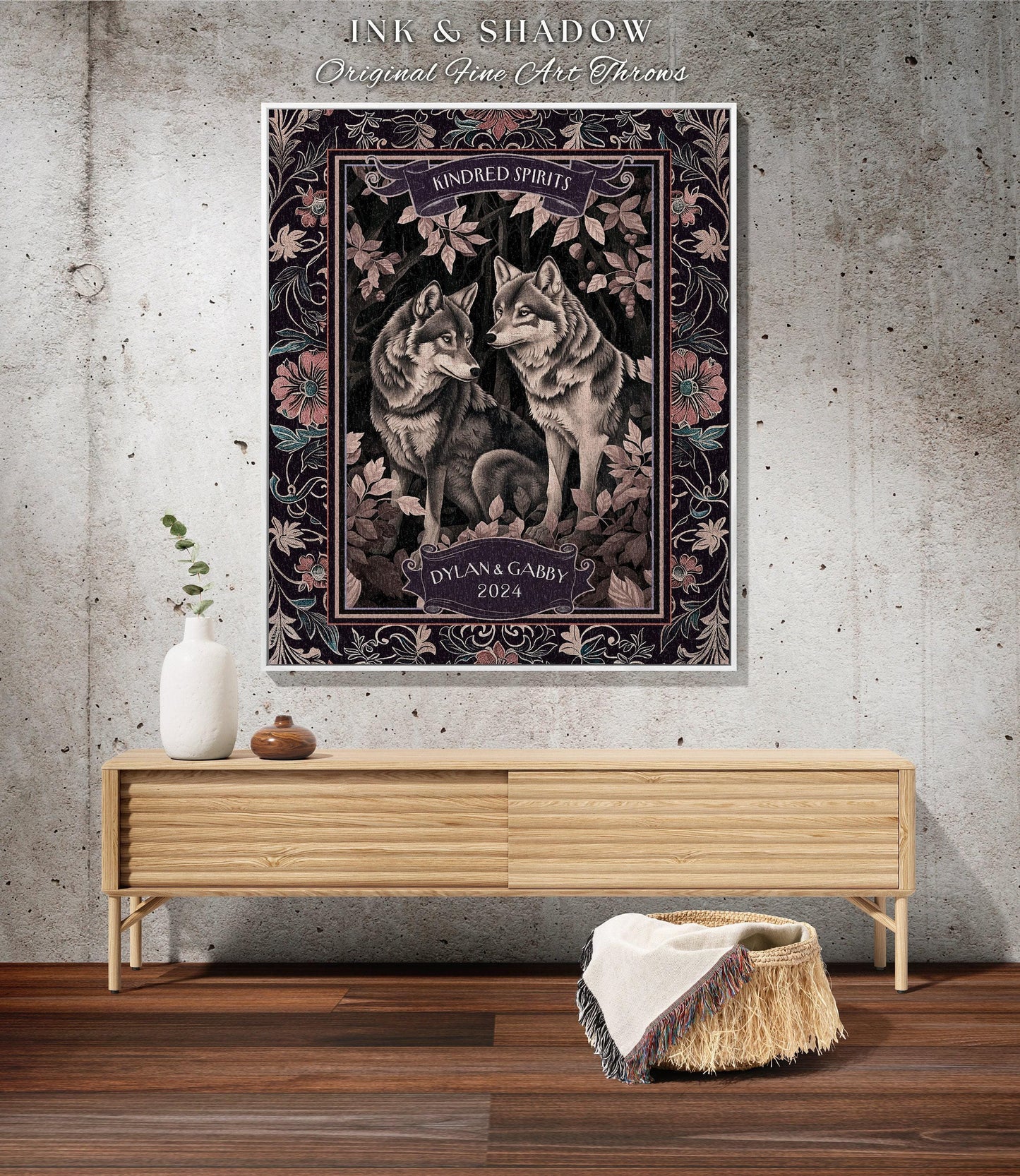 Kindred Spirits Wolf Lovers Anniversary Keepsake Custom Tapestry Throw | Personalized Whimsical Forest Woodland Wedding Woven Throw Wall Art