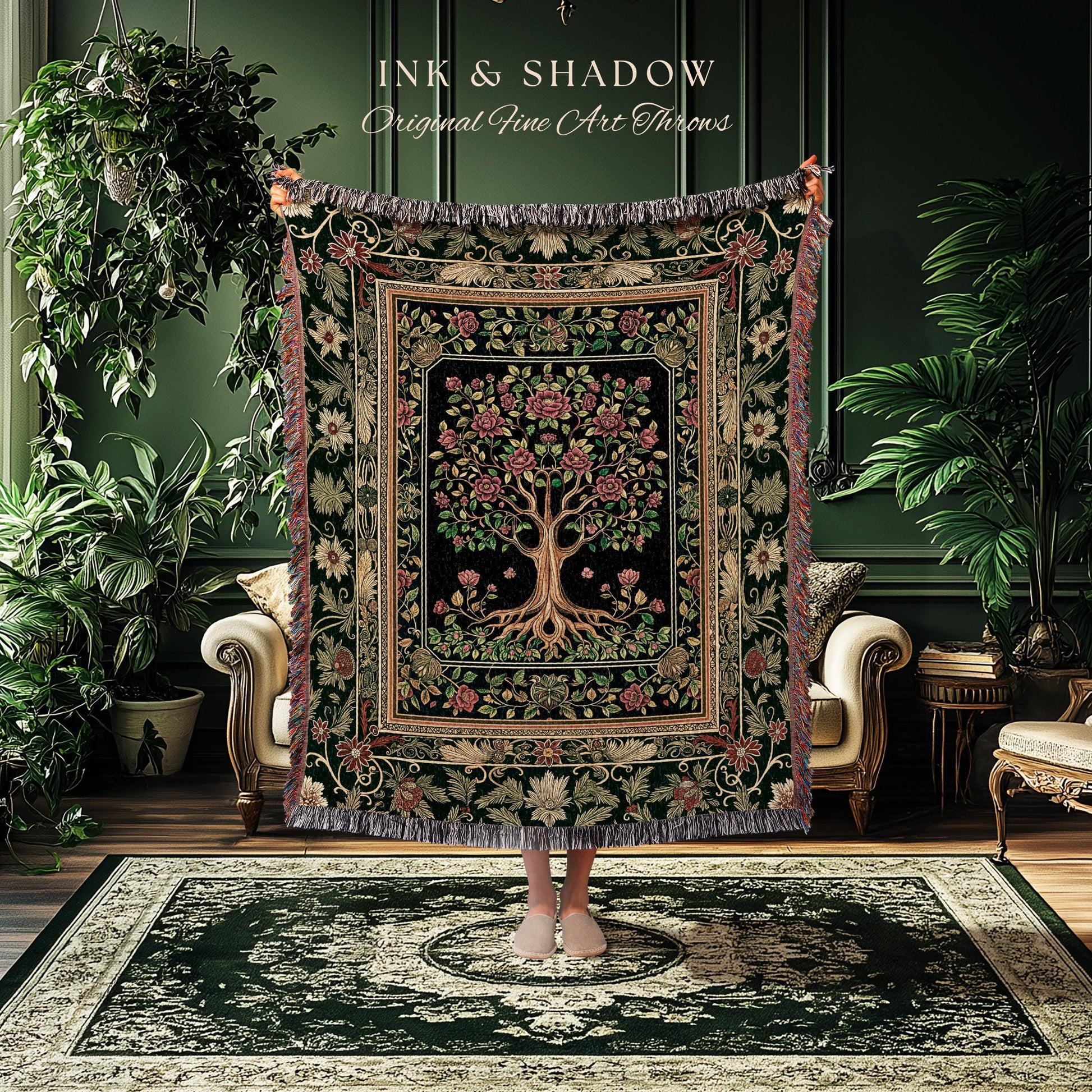 Floral Victorian Garden Tree Tapestry Blanket Jacquard Woven Coverlet