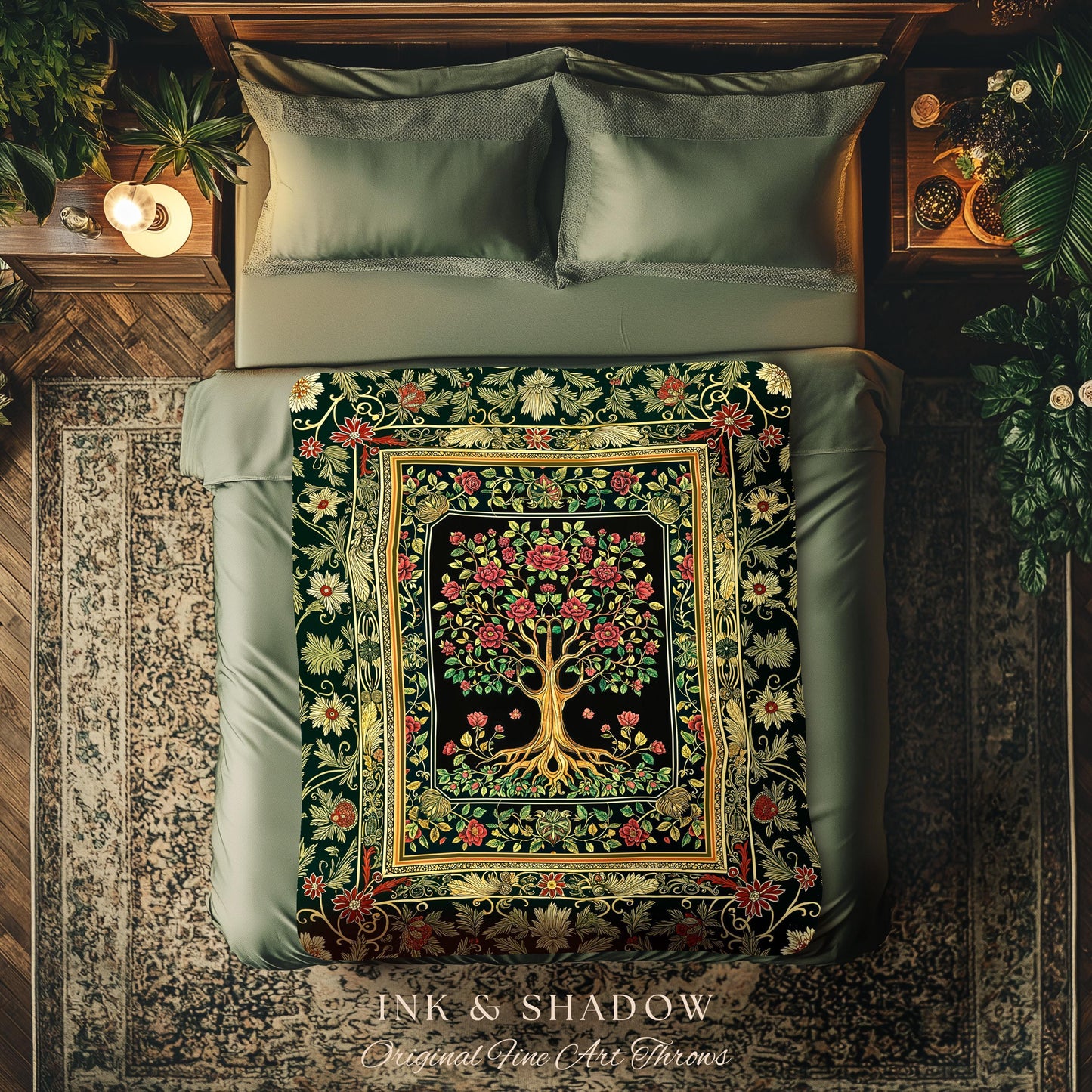 Floral Victorian Garden Tree Tapestry Blanket Jacquard Woven Coverlet