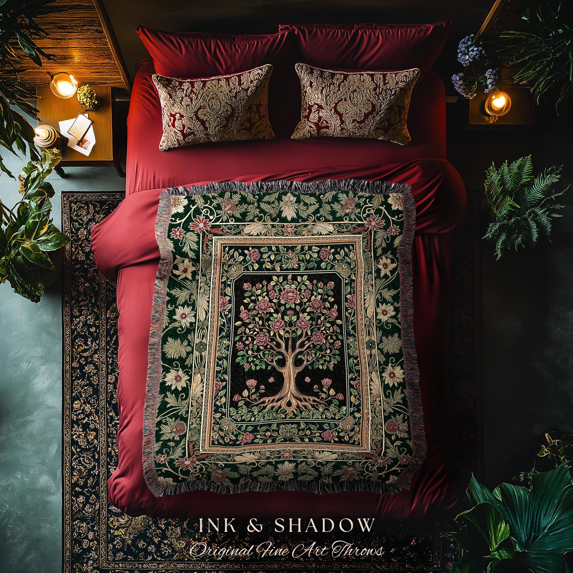 Floral Victorian Garden Tree Tapestry Blanket Jacquard Woven Coverlet