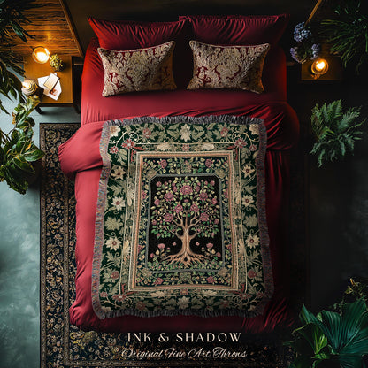 Floral Victorian Garden Tree Tapestry Blanket Jacquard Woven Coverlet