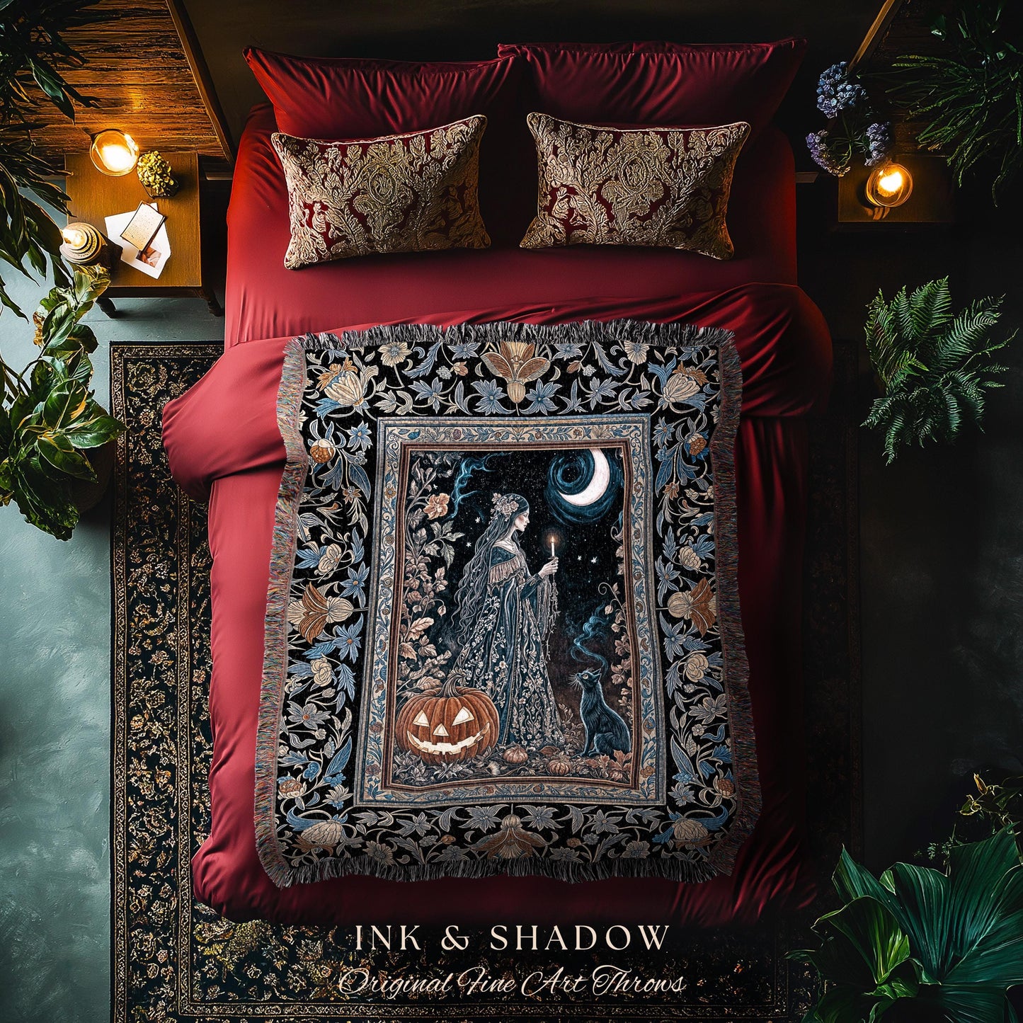 Moonlit Jack-o-lantern Witch Throw Blanket | Enchanted Forest Baroque Maiden Pastel Folklore Black Cat Celestial Aesthetic Wall Tapestry |