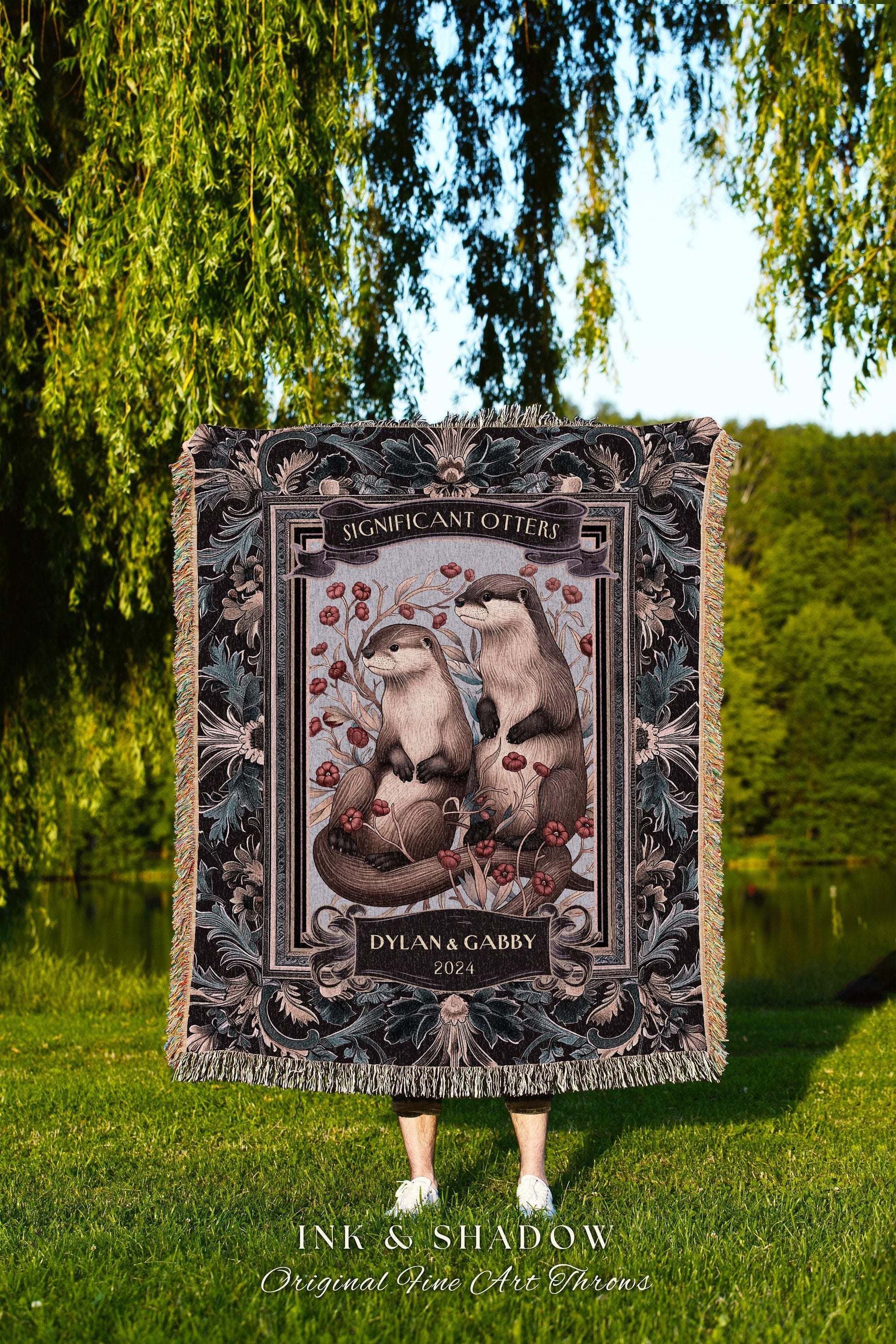 Otter Lovers Personalized Cute Cottagecore Wedding Gift, His & Her Anniversary Gift Significant Otters Woven Tapestry for Dating Anniversary